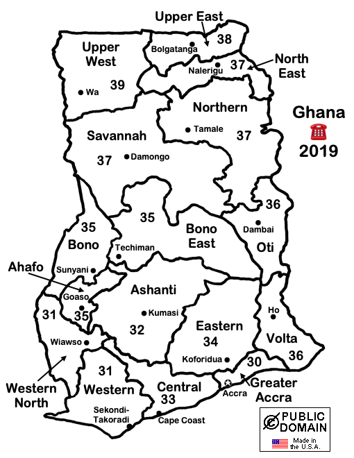 2019 map of Ghana telephone area codes