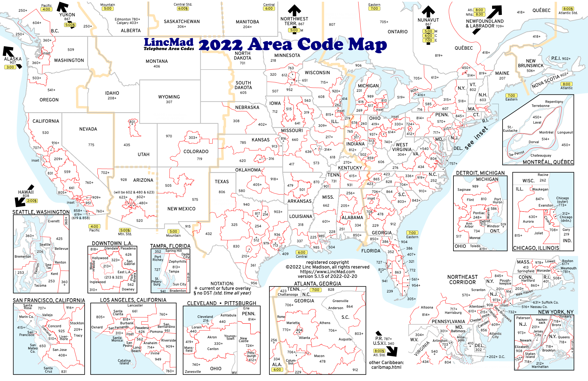 LincMad’s 2022 area code map with time zones, registered copyright ©2005 - 2022